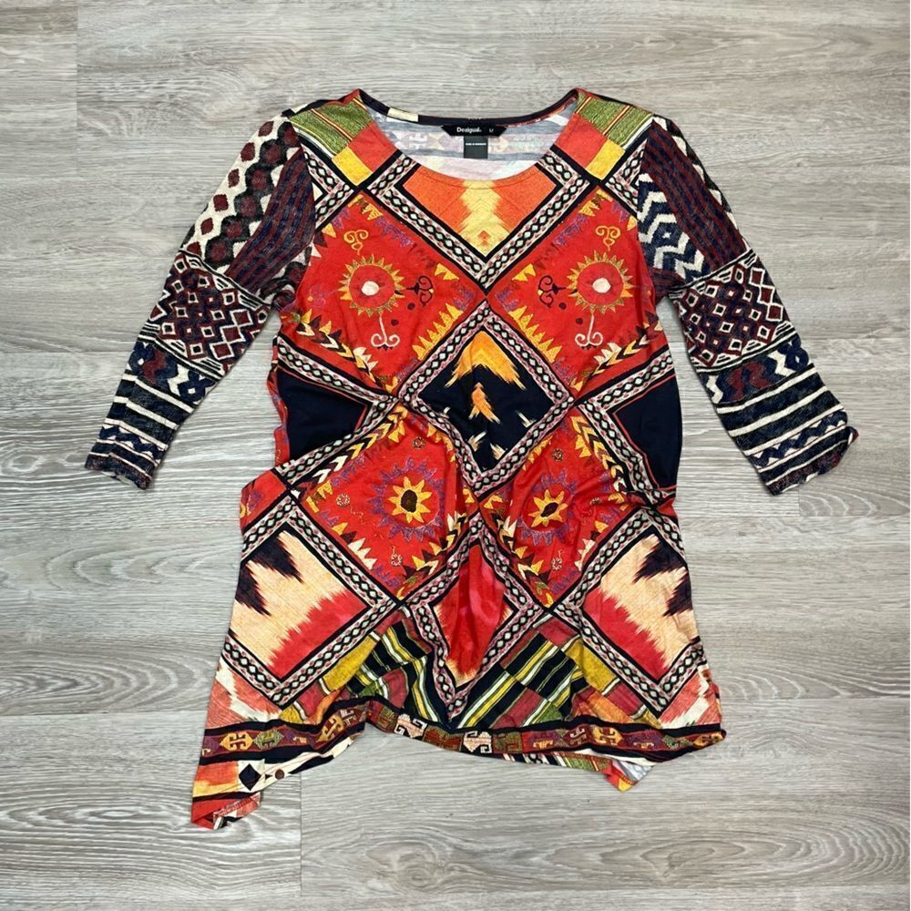 Desigual Womens Tunic Top Red Black Aztec 3/4 Sleeve Scoop Neck Blouse M